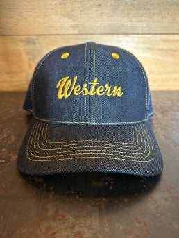 MADE IN USA Western Raw Denim 6-Panel Mesh Trucker Hat - CURVED BRIM