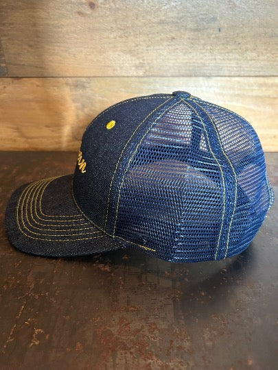 MADE IN USA Western Raw Denim 6-Panel Mesh Trucker Hat - CURVED BRIM