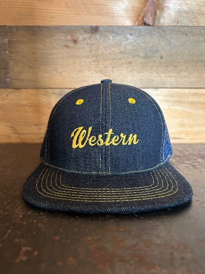 MADE IN USA Western Raw Denim 6-Panel Mesh Trucker Hat - FLAT BRIM