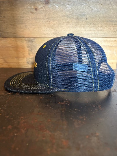 MADE IN USA Western Raw Denim 6-Panel Mesh Trucker Hat - FLAT BRIM