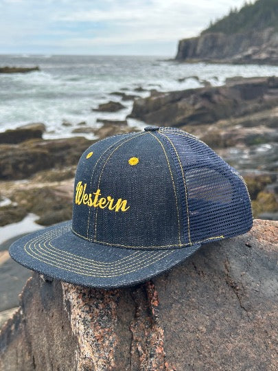 MADE IN USA Western Raw Denim 6-Panel Mesh Trucker Hat - CURVED BRIM
