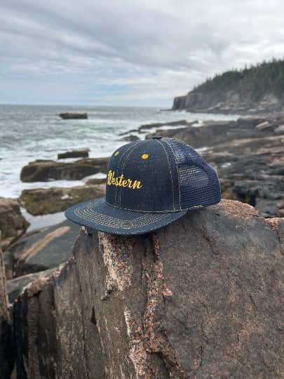 MADE IN USA Western Raw Denim 6-Panel Mesh Trucker Hat - CURVED BRIM