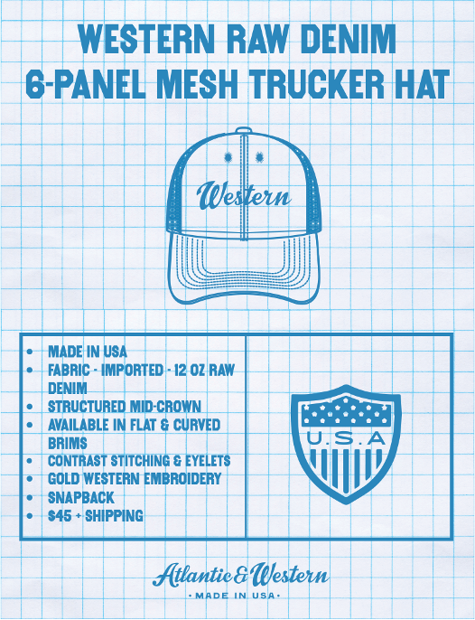 MADE IN USA Western Raw Denim 6-Panel Mesh Trucker Hat - CURVED BRIM